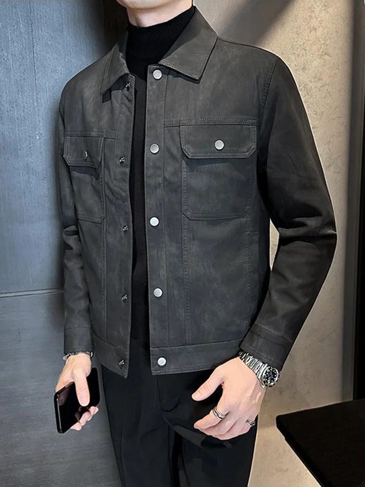 

Men's PU Leather Jaet Biker Sle Pilot Coat Autumn Winter Flip Collar Slim Fit Casual Faion Warmth Comfortable Polyester