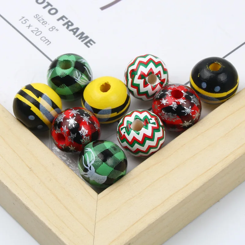 Christmas New Products 10Pcs DIY Snowflake Printed Wooden Ronud Beads Custom Fashion Crafts  Jewelry Bracelet Accessories