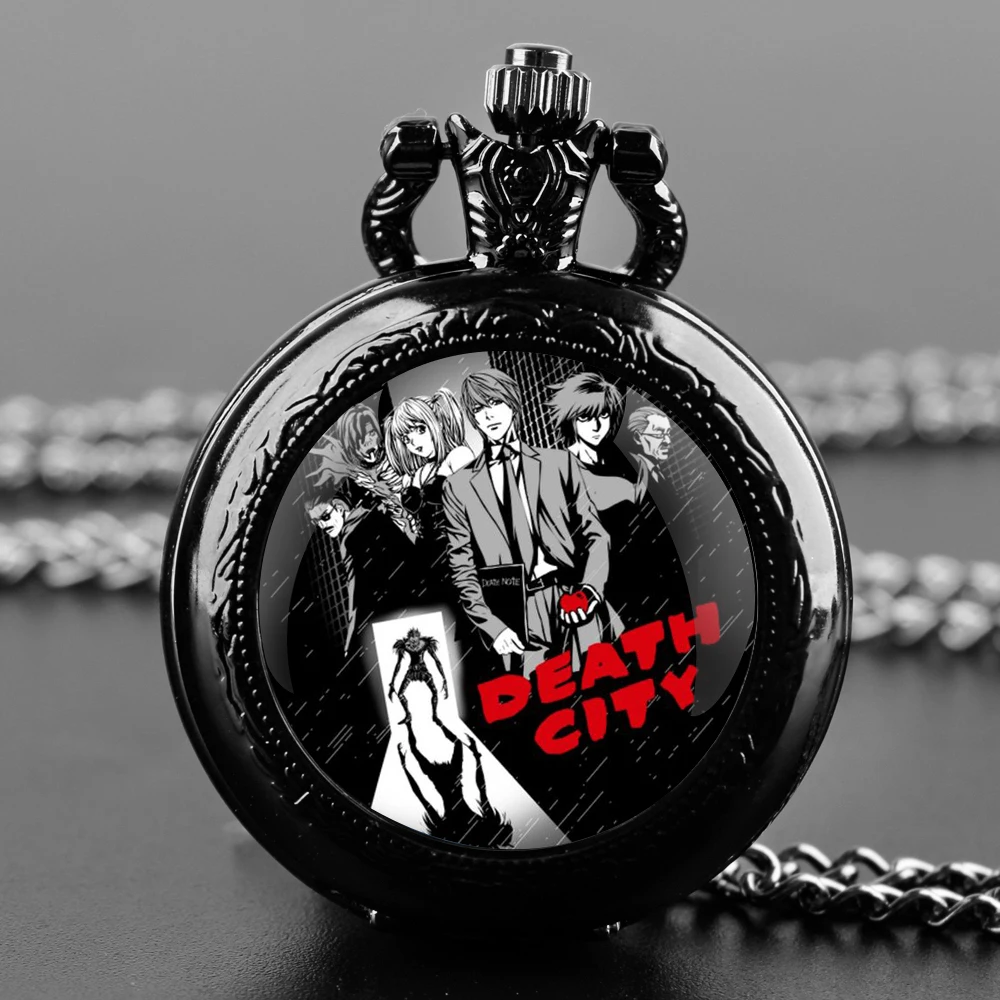 Death Note Design Vidro Dome Quartz Relógio de Bolso com Corrente Durável, Numeral Árabe Dial, Presentes Criativos para Homens e Mulheres