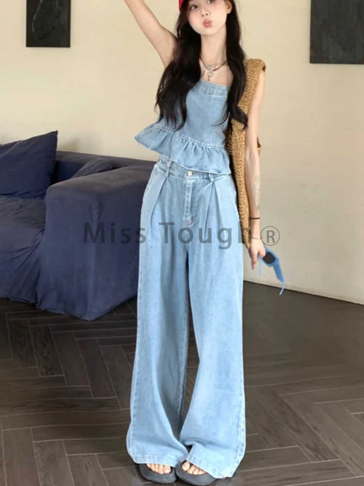 Summer Loose Flounce Sling 2 Piece Set Women France Elegant High Waist Baggy Pant Female + Casual Sleeveless Off Shoulder Tops