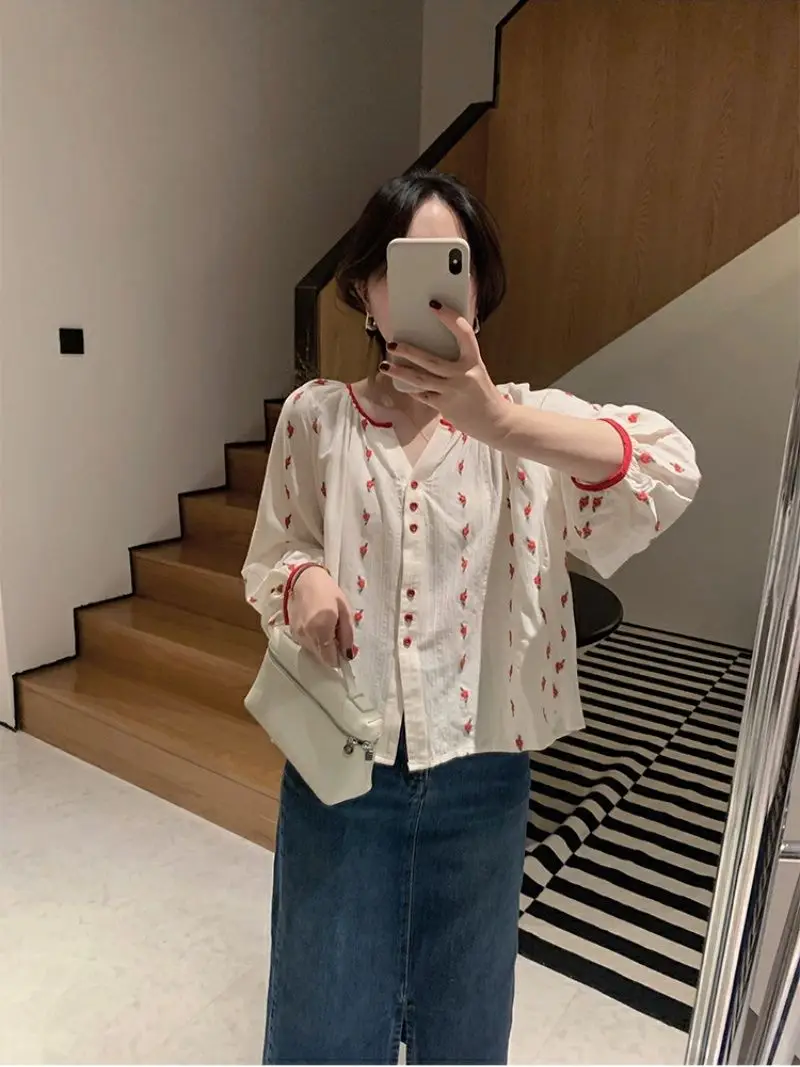 New Long-Sleeved Loose Slimming Look Shirt Printed Cute and Sweet Design Pastoral Style Versatile Shirt