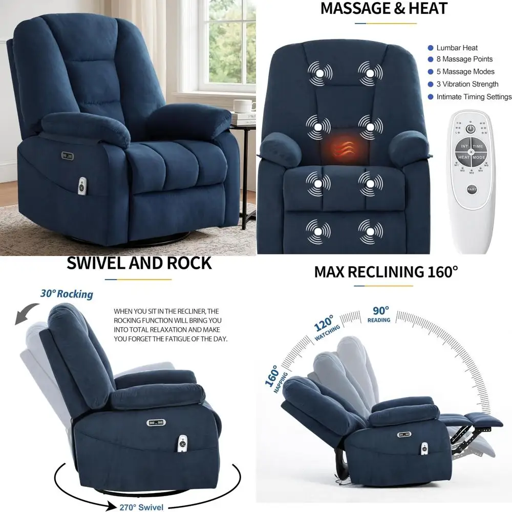 massage and heat swivel rocker recliner with hidden arm storage and faux leather cup holder chairs for comfort