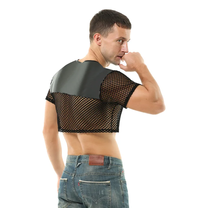 Sexy Men PU Leather Mesh Tops See Through Cropped T-shirts Male Transparent Fishnet Tee Short Sleeve Shirts Night Clubwear S-XL
