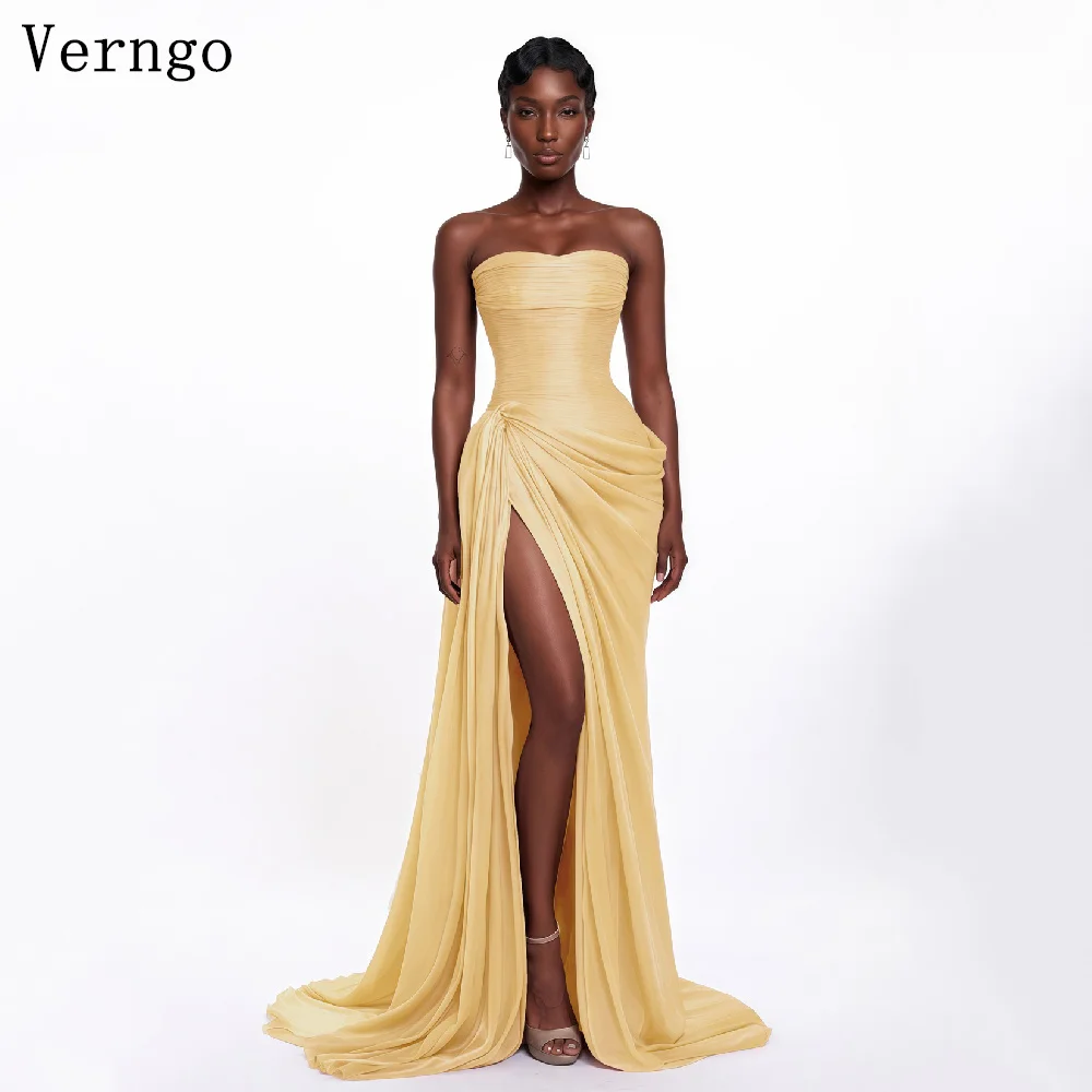Verngo Cream Yellow Shiny Evening Dress Strapless A Line Pleated Party Dress Maxi Side Slit Prom Gowns Customized