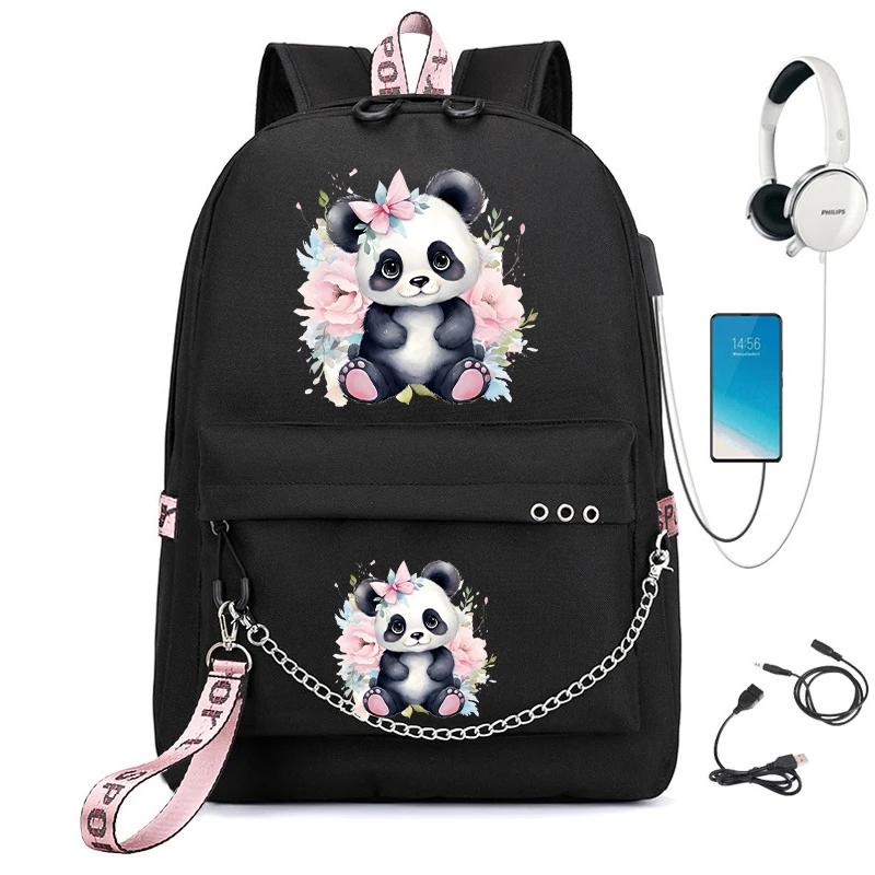 Floral Panda Print School Backpack Bag for Students Kawaii Cartoon School Bag Anime Students Usb Bookbag Animals Manga Bagpacks