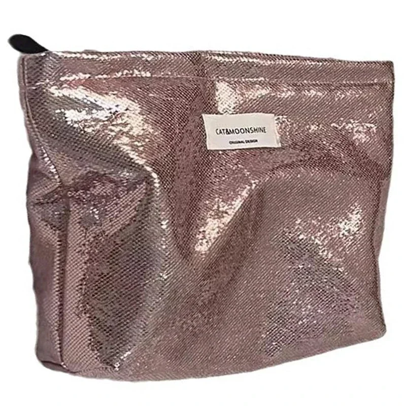 Bolso de mano plateado de lentejuelas brillantes simples, bolsa de maquillaje portátil, bolsa de almacenamiento de artículos de tocador para niñas,