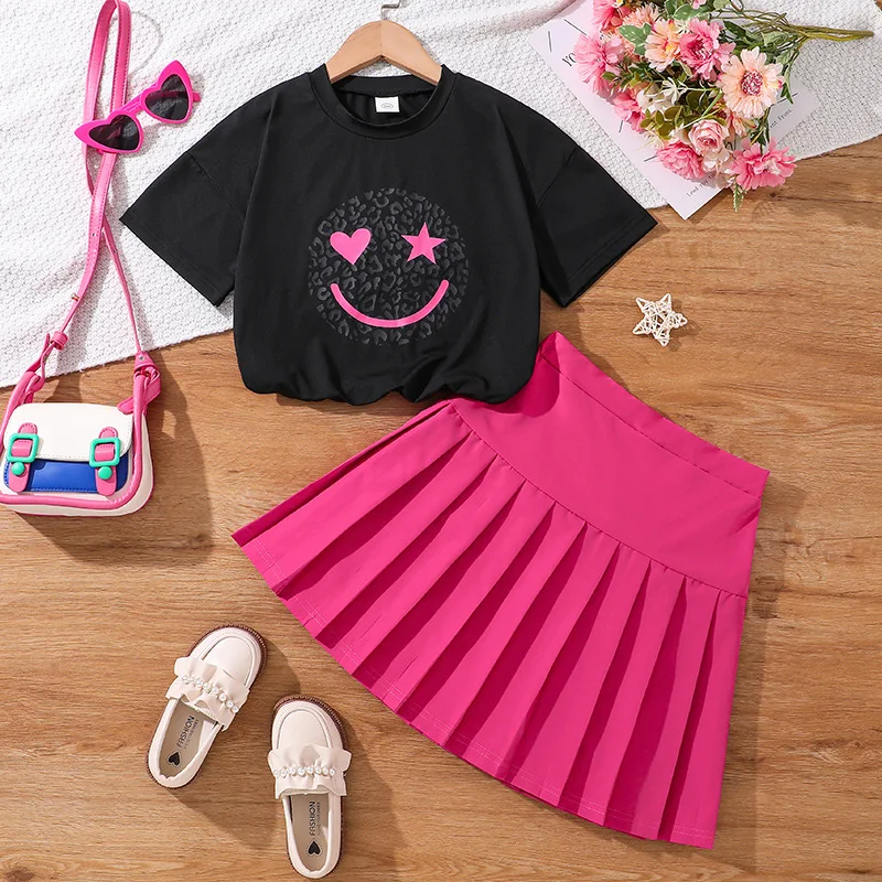 2024 Summer Child Clothes Sets Short Sleeve Print Cartoon T-shirt Pleated Skirts 2 Piece Sets Designer Girls Clothes Sets 8-12T