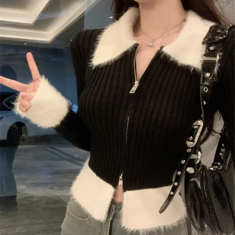 Vintage Fashion Zipper Fake Fur Callar Knitted Cardigans Solid Slim Long Sleeve Cropped Tops Y2K Sweet Jackets E-girl Streetwear