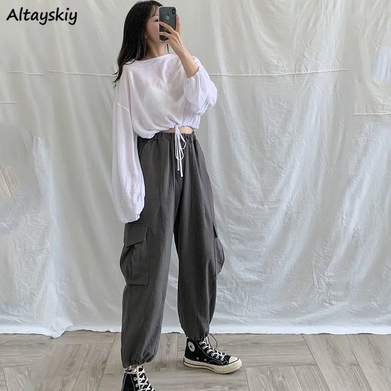 

Cargo Pants Women High Waist Solid Loose Muti-pockets Slender Straight Ankle-length Harem Trousers Autumn Korean Students Trendy