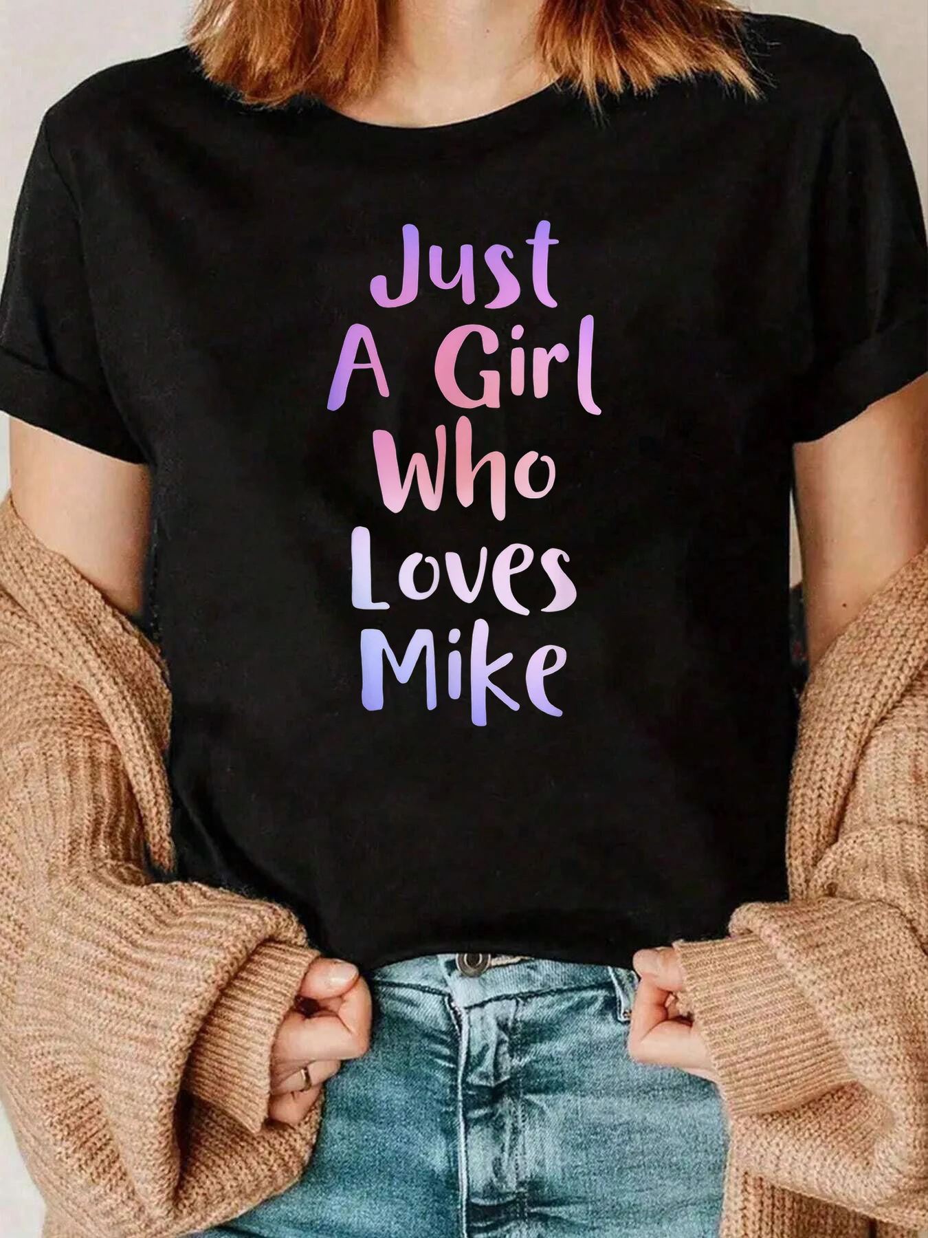 마이크를 사랑하는 소녀 프린트 티셔츠 발렌타인 데이 캐주얼 탑 여성 스트리트웨어 220g