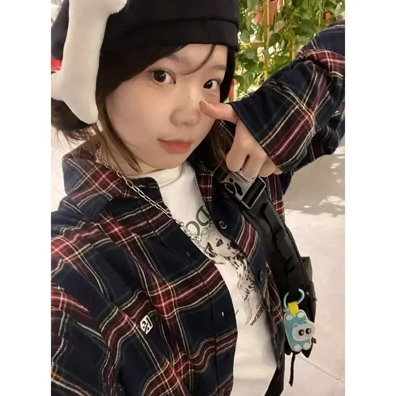 

Plaid Vintage Oversized Shirt American Retro Youthful Streetwear Preppy Women's Blouse Long Sleeve Button Clothes Autumn