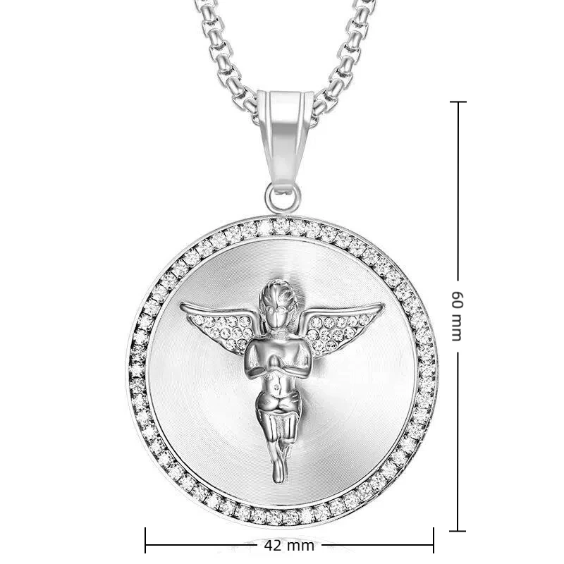 Hip Hop Iced Out Big Angel Pendant Male Gold Color Stainless Steel Round Necklace for Men Punk Fashion Jewelry Birthday Gift view 6