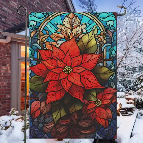 다목적 폴리에스테르 정원 깃발 – 포인세티아 디자인, 스테인드 글라스 스타일, 양면 집 및 마당 장식, 내후성 O Best5