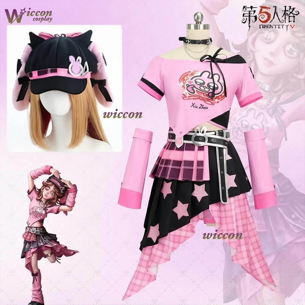 

Game Identity V Demi Bourbon Cosplay Barmaid Costume bunny pink uniform short sleeved dress gloves hat Halloween Comic-Con Party