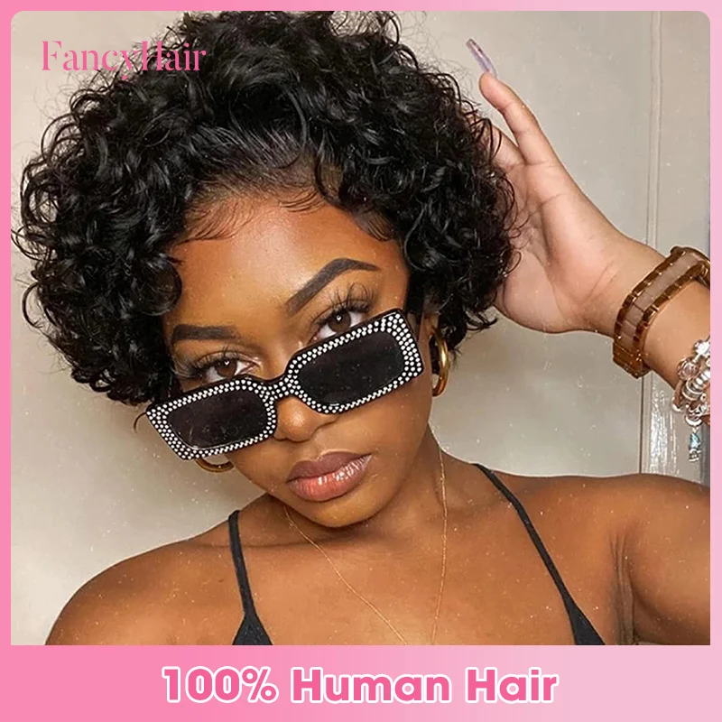 

13X1 Lace Front Short Curly Pixie Cut Human Hair Wig 6 Inch Curly Wave Natural Black Human Hair Wigs For Women 130% Density