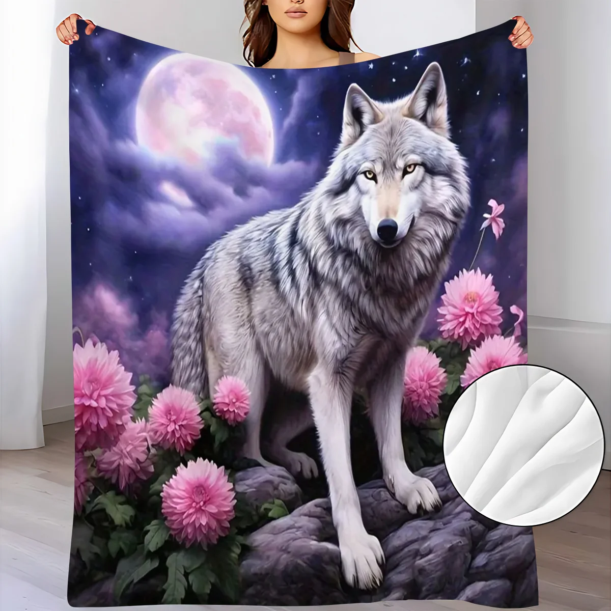 White Wolf King Pattern Flannel Small Throw Blanket, a Soft and Warm Blanket Suitable for Sofas, Home Leisure, Air-conditioned R