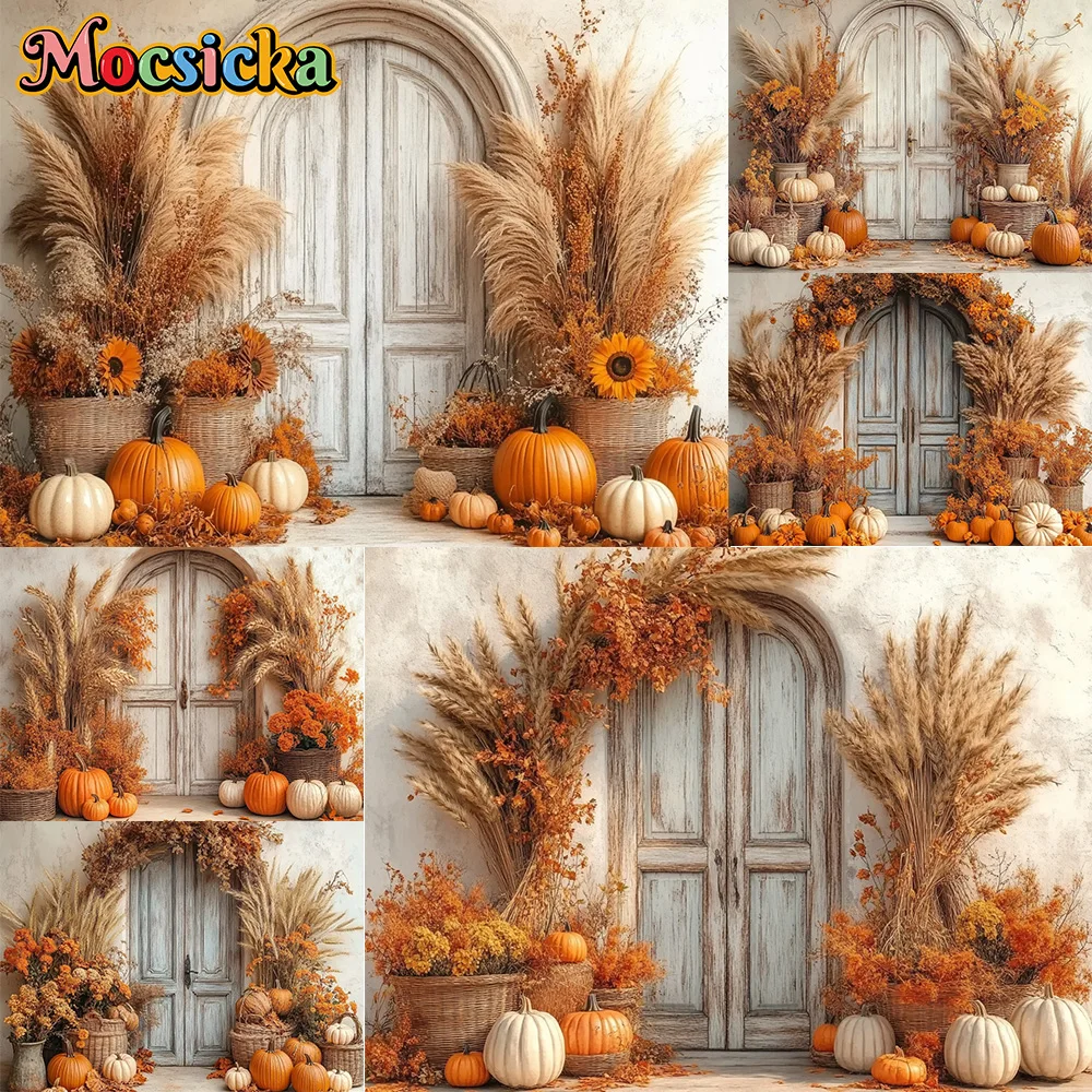 

Mocsicka Photography Backdrop Boho Style Floral Pumpkin Decoration Kids Thanksgiving Day Portrait Backgrounds For Photographs