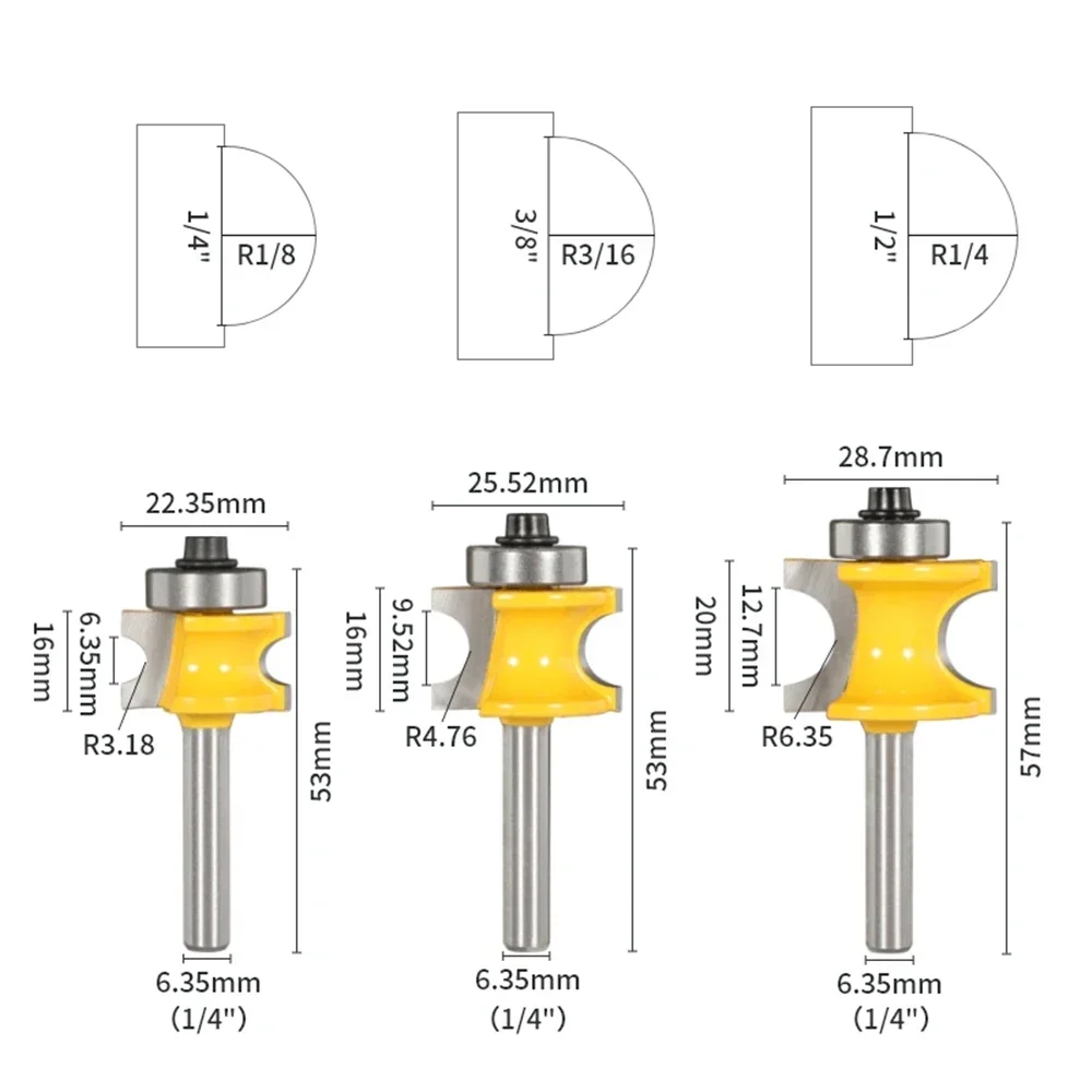 6mm 6.35mm 8mm 12mm 12.7mm Shank Bullnose Half Round Bit Set with Bearing, Woodworking Milling Cutter for Wood Bit Face Mill