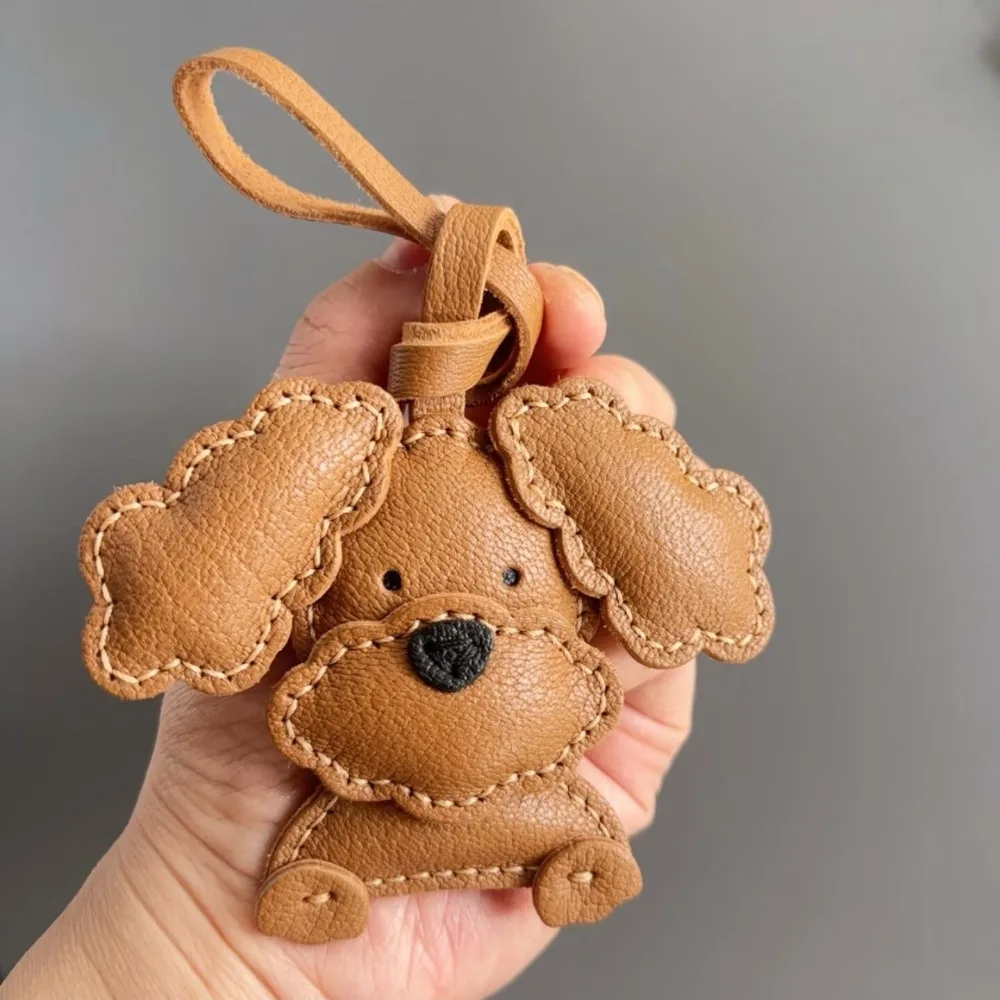Genuine Leather Teddy Puppy Keychain Backpack Bag Charm Exquisite Bag Pendant Couple Gift for Men Women Birthday Gift