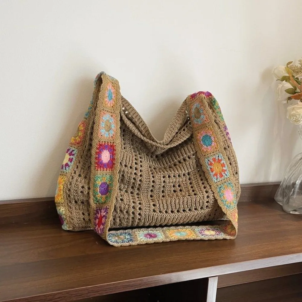 

New Large Capacity Women Shoulder Bag Boho Floral Crochet Handbag Multicolor Hollow Out Knitted Crossbody Bags