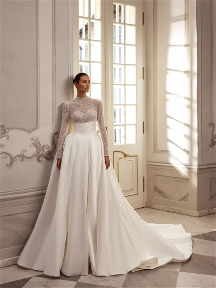 

Wedding Dresses 2025 Luxury Satin Dress Vestido De Novia Manga Larga Vintage Ball Gown For Bride Vestidos Alta Costura Gelinlik