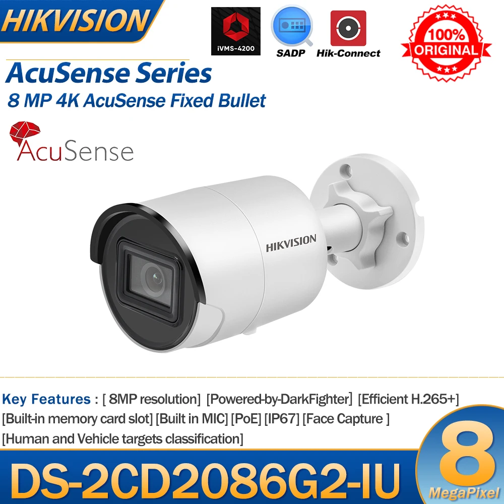 

Hikvision IP Camera 8MP DS-2CD2086G2-IU 4K AcuSense PoE Bullet Human Vehicle Classification Built-In Mic SD Card Slot H265+ IP67