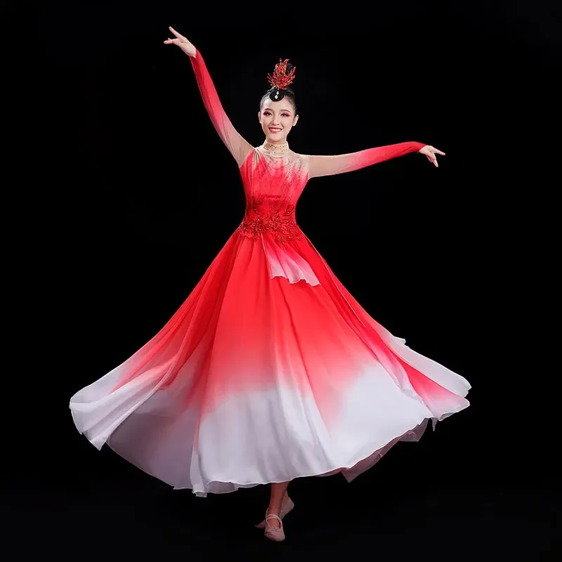 Women Dance Costume Big Swing Dress Chinese Dance Light Long Skirt Female Opening Dance Big Swing Skirt Grand Performance Dress