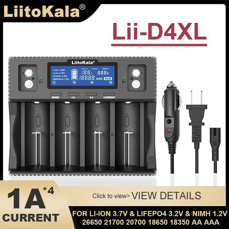 LiitoKala Lii-D4XL   Lii-PD4   Display 21700 18650 3.7VLi-ion 3.2V LiFePO4 1.2V NiMH/Cd 26650 26700 32700   9V Battery Charger