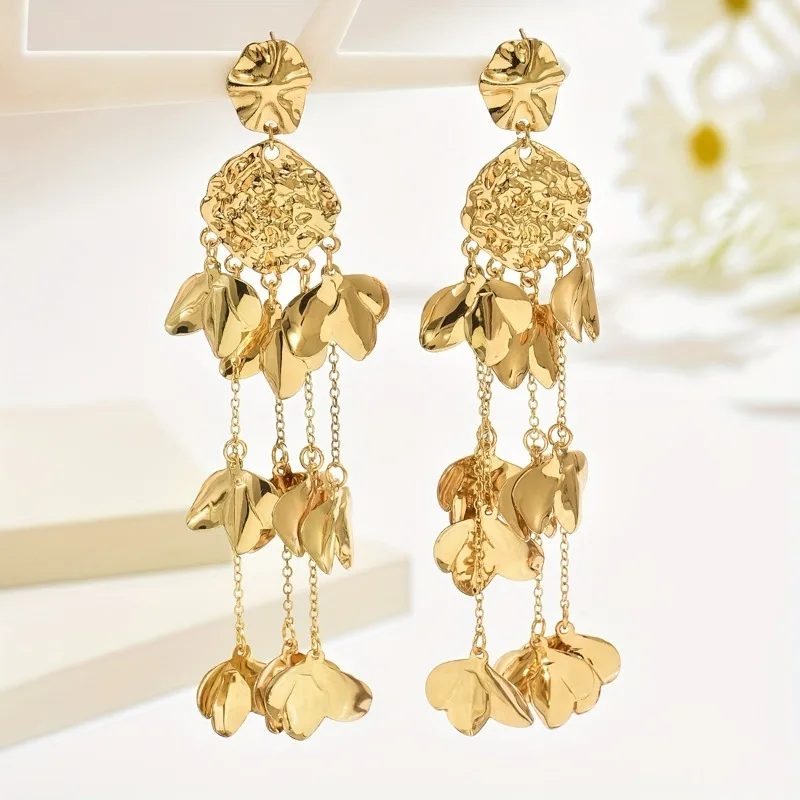 Individually Exaggerated Design Gold Color Petal Tassel Earrings, Women's Fashion Classic Holiday Party Accessories Jewelry