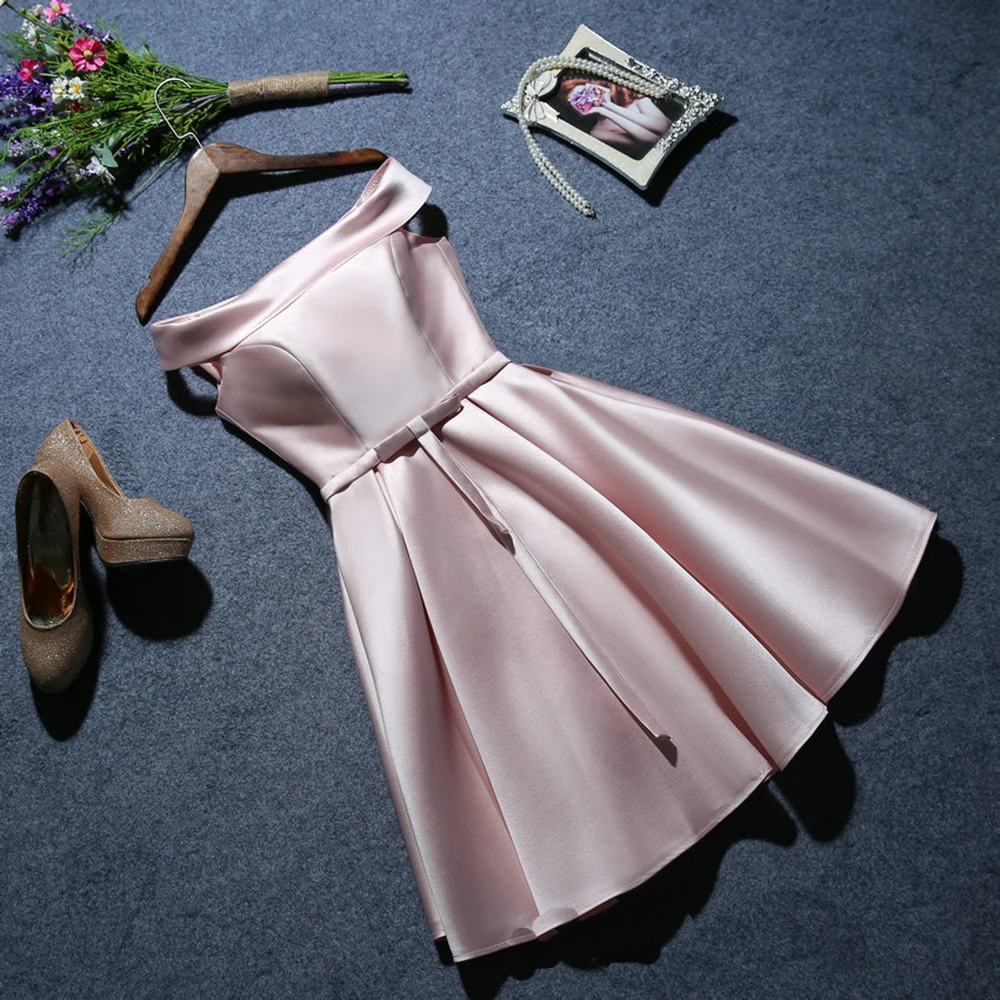 Vintage Short Cocktail Dress Off Shoulder Satin Homecoming Dresses A-Line Knee Length Pink White Green Black Graduation Dresses