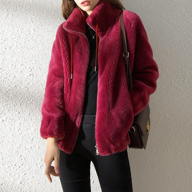 Autumn and Winter Plush Jacket Street Shoot Harajuku Zip Jacket Women's Lightweight Jacket Warm Jacket Pure Colour Plush Jacket