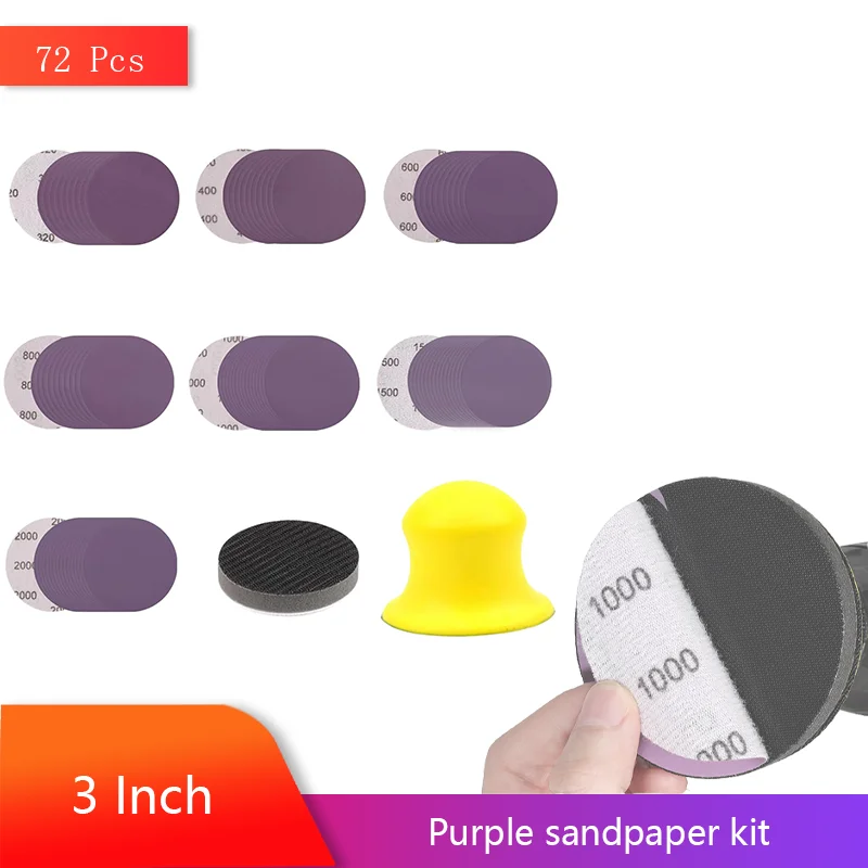 72 قطعة مجموعة ورق الصنفرة الرطب والجاف الأرجواني 3 بوصة 72 قطعة حصى متنوعة 320-2000 أكسيد الألومنيوم للخشب المعدني الرطب الجاف البولندية والدوارة #2