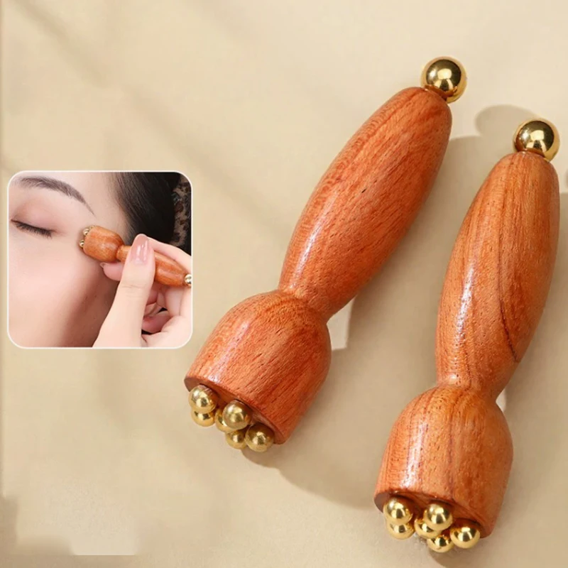 【Peace】Mini Lotus Seedpod Brass Bead Wood Facial Gua Sha Eye Facial Point Massager Relaxatiow Meridians Acupoint Massage Tool