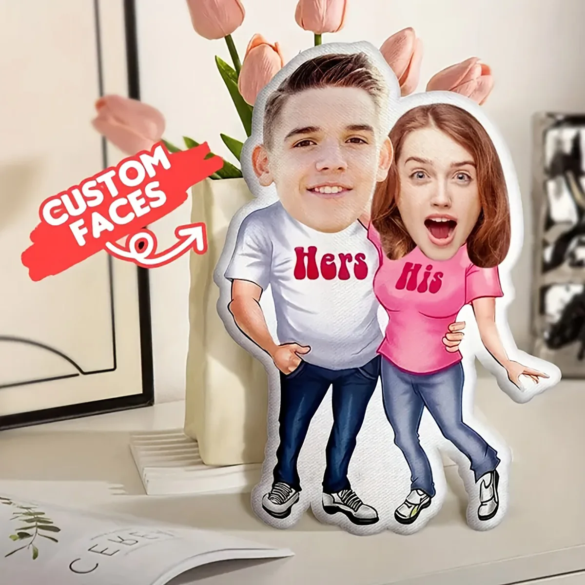 A high-definition printed couple style photo pillow, printed on both sides, perfect for commemorating loved ones or pets.