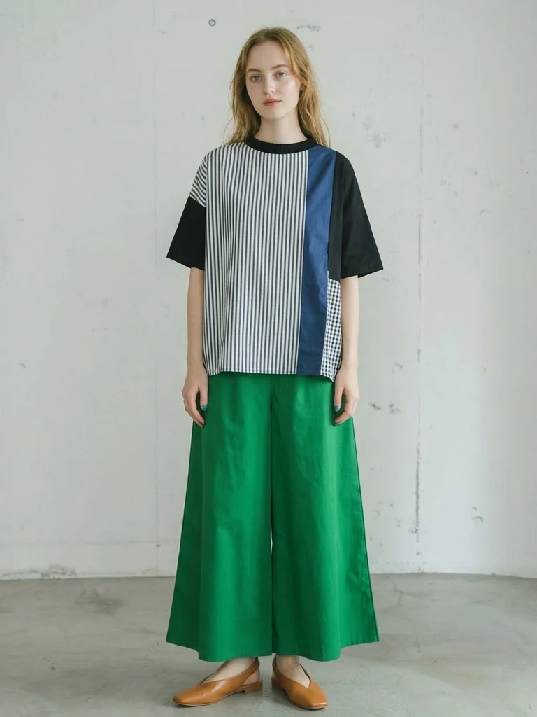 Loose Fit Short Sleeve T-Shirt Casual Style Color Block Design Japanese Vertical Stripes  Check Loose Silhouette Top