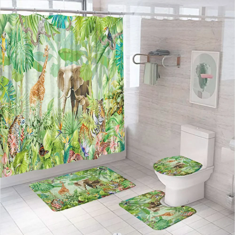 Tropical Rainforest Shower Curtain Sets Rug Toilet Cover Bath Mat Animal Elephant Giraffe Leopard Tiger Jungle Bathroom Curtains