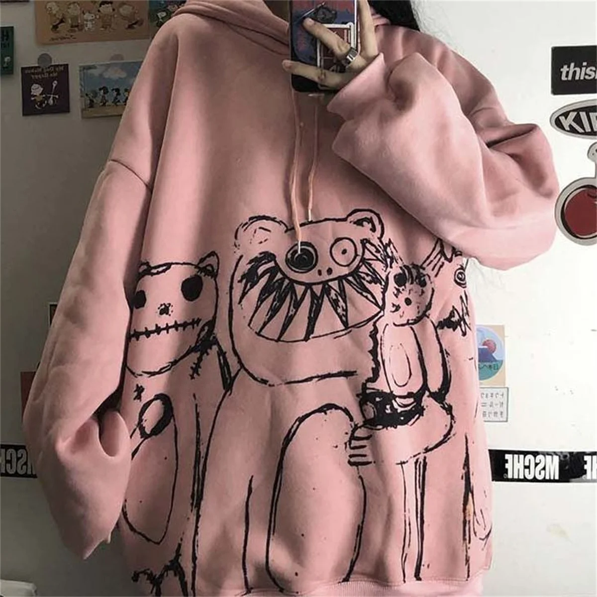 

Модная розовая толстовка с капюшоном в готическом стиле с принтом медведя, женская толстовка большого размера на весну и осень, толстовки в стиле панк, топы, женская одежда, толстовка с капюшоном для девочек