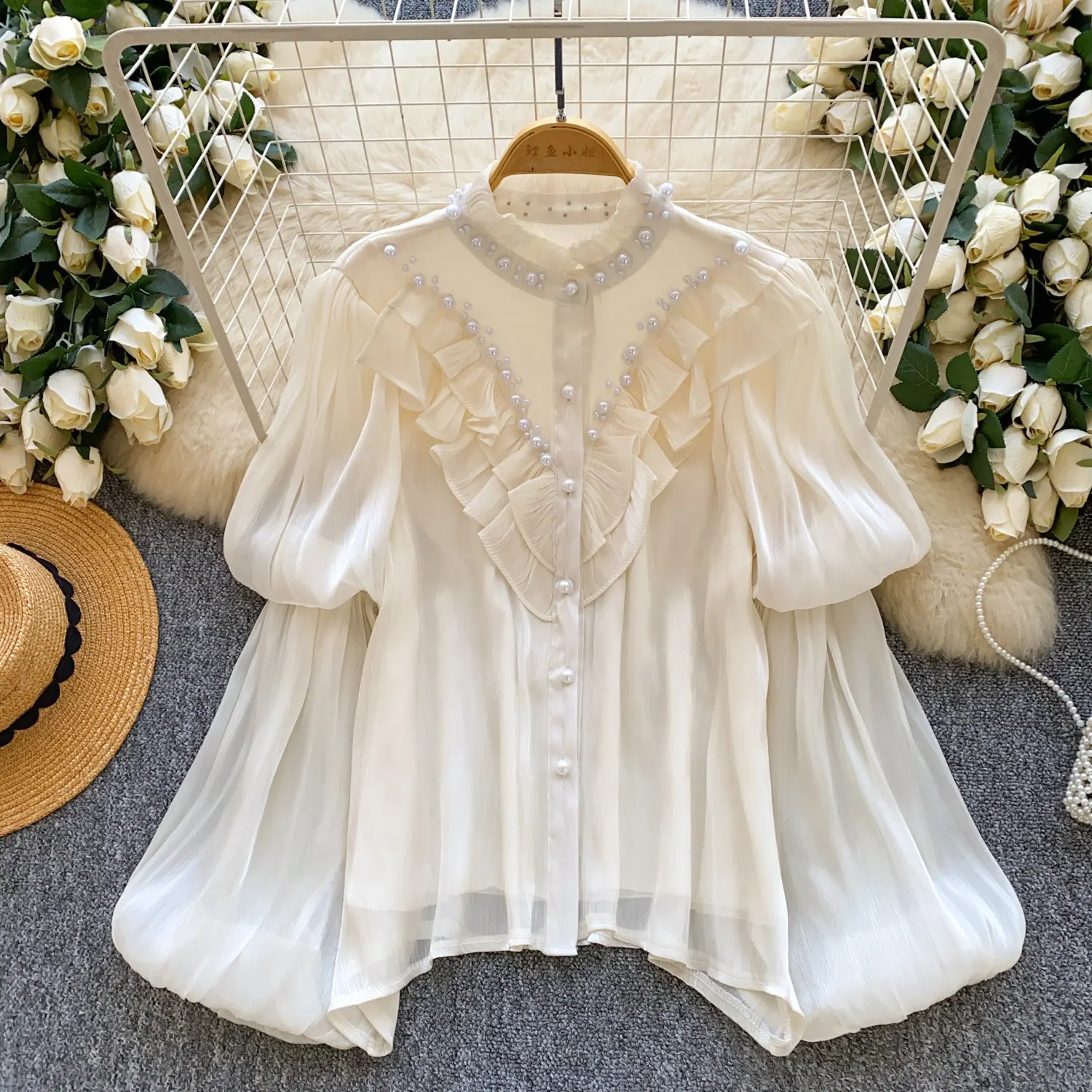 

Women Solid Shirt RufflesTops Long Sleeves Beaded Stand Collar Long Lantern Sleeves Single Breasted Loose Fit Casual 2026 Spring