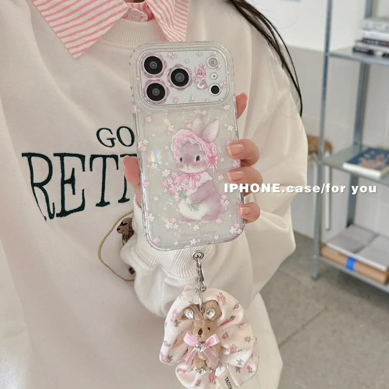 

Korean Ins Flower Rabbit For iPhone 17 Pro 16 15 14 Pro Max Phone Case with Hand Strap Shockproof Cute Diamond Border Cases Fund