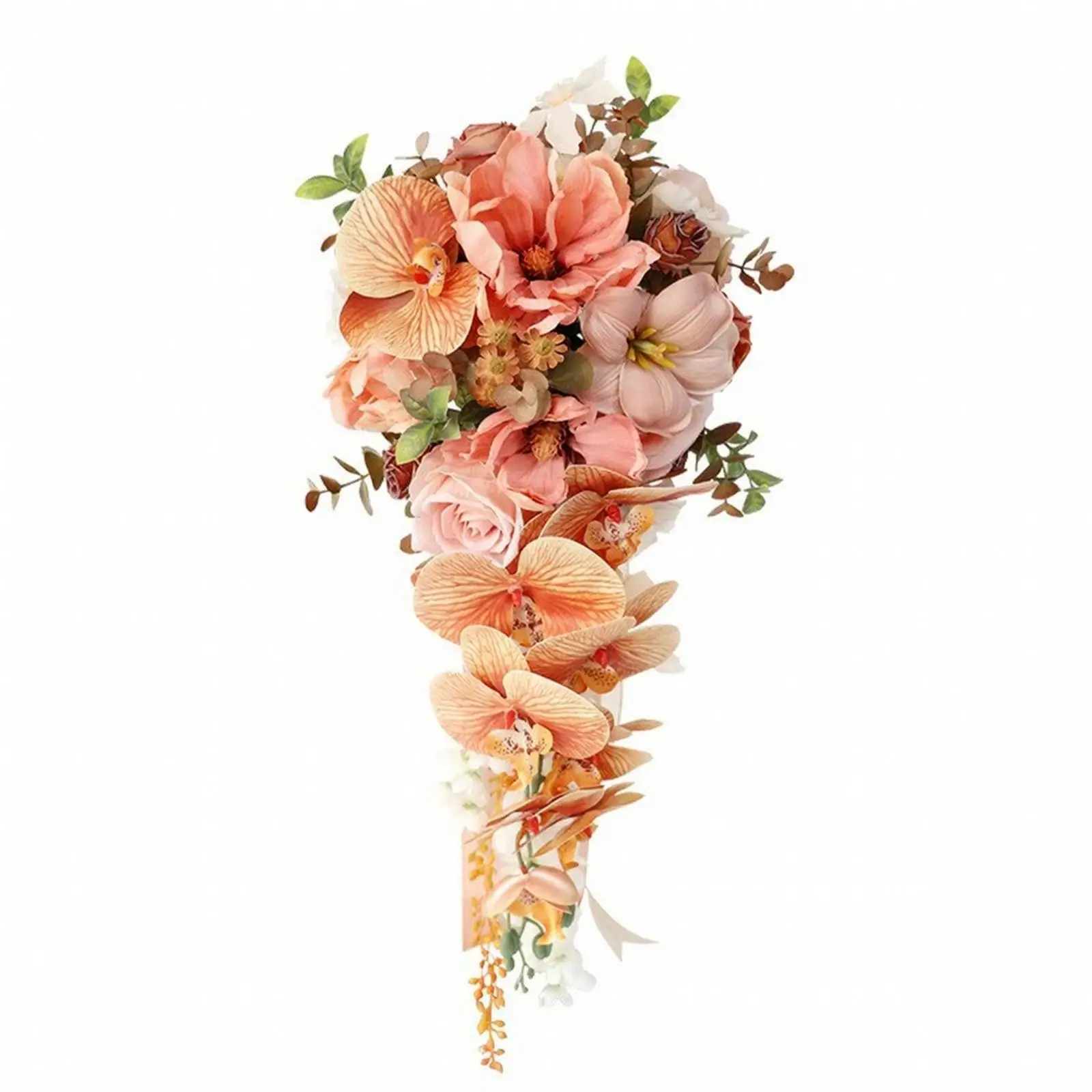 Silk Flower Bridal Bouquet for Wedding Bride Handheld Faux Floral Arrangement with Greenery Ribbon for Party Decoration