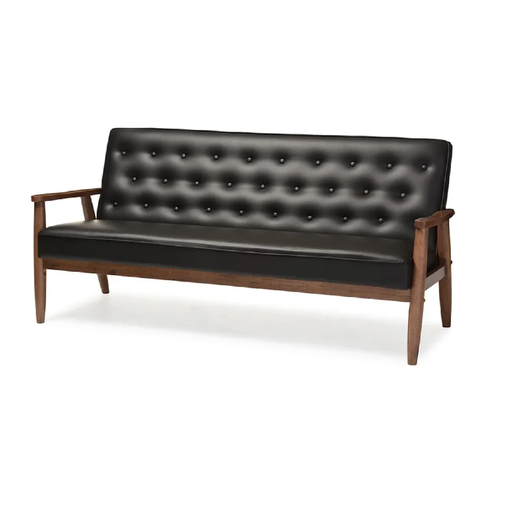 Baxton Studio Sorrento Mid-century Retro Modern Black Faux Leather Upholstered Wooden 3-seater Sofa