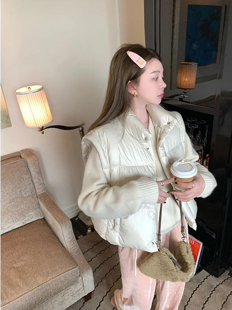 Women's ort down Jaet Vest Detachable Sve Warmth Design Small Size Winter New Sle Casual Loose Fit Thiened Polyester