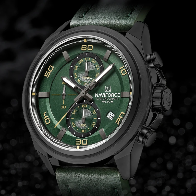NAVIFROCE Luxury Sport Chronograph Watch for Men 3ATM Waterproof Military Luminous Hands Date Display Leather Strap Wristwatch
