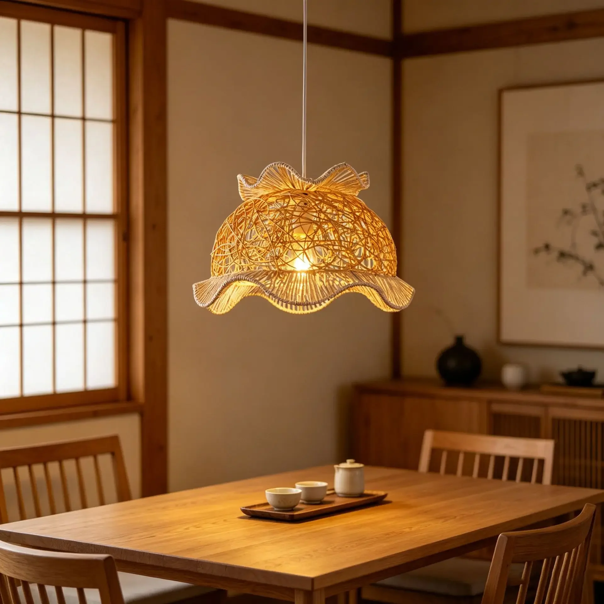 Chinese Zen rattan art wavy edge chandelier outdoor courtyard room tea room homestay restaurant atmosphere woven chandelier