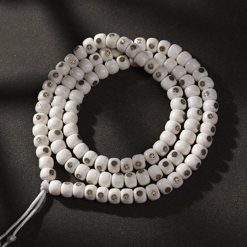 108 Buddhist Prayer Plain Old Copper Thousand Character Multi-Treasure Inlaid Yak Bone Beads