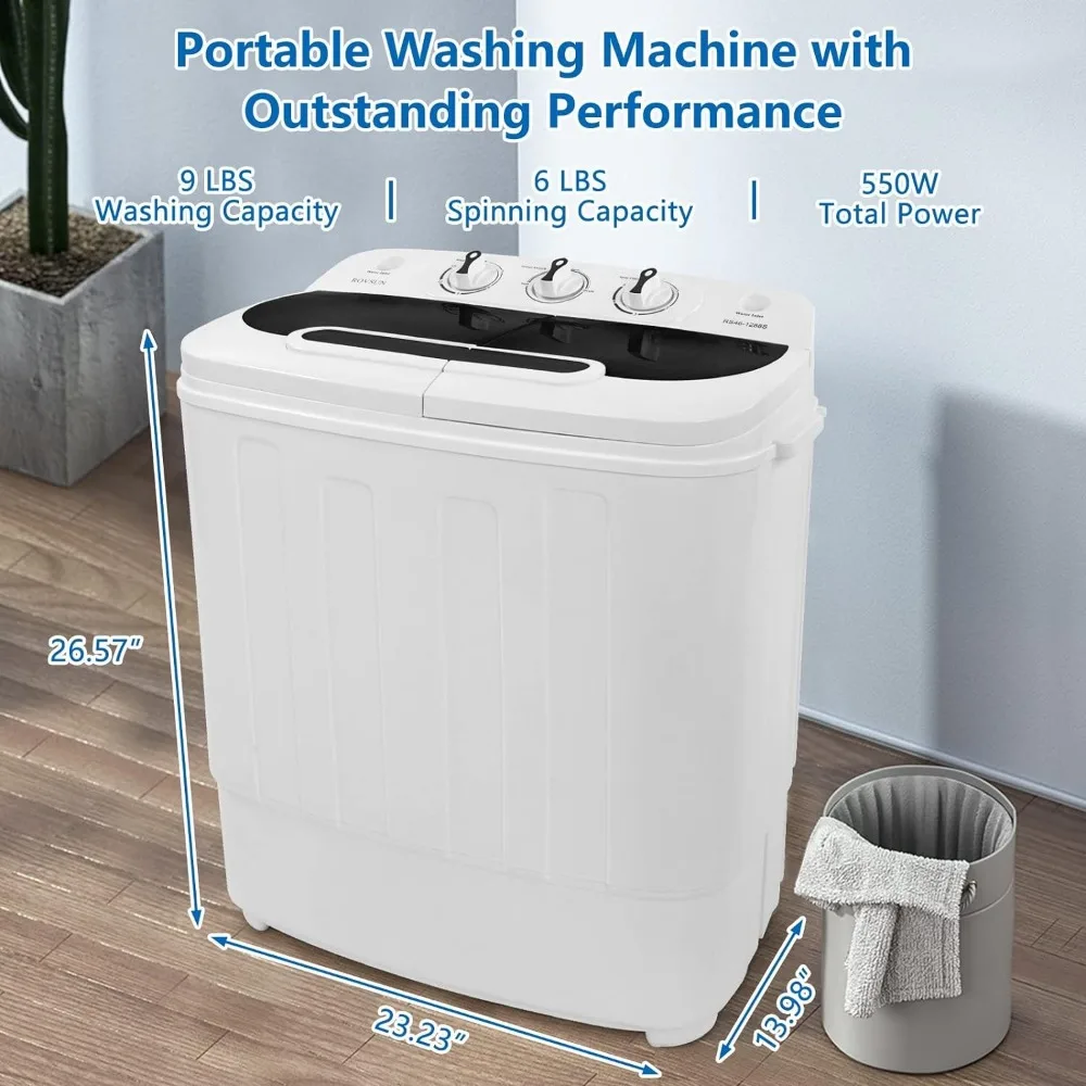 Máquina de lavar roupa elétrica portátil, Twin Tub Washer com Washer, Drenagem da bomba, para casa, Camping, Dormitório, 15lbs, 9lbs