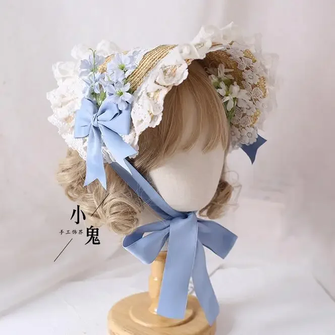 Lolita Hat Maid Cap Lace Straw Bonnet Women Summer Girls Cut