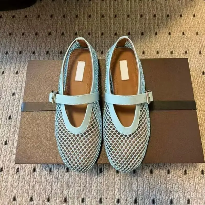 Designer Brand Original Light Luxury Leather Flat Bottomed Fishing Net Ballet Shoes Mary Jane Mesh Sandals image 3