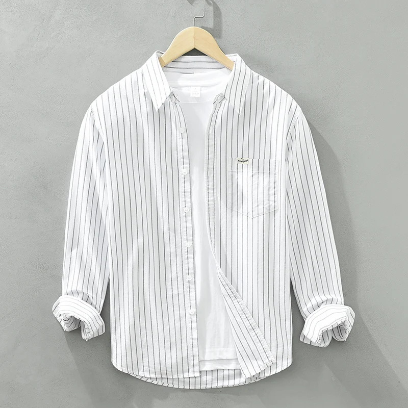 Men's Fashion Striped All-in-one Teen Cotton Comfortable Breathable Trend British Style Outdoor Casual Long-sleeved Cotton Shirt