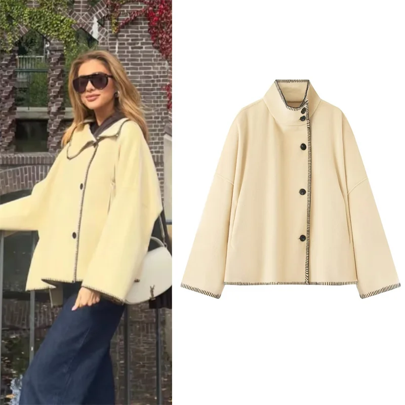 

Women's Jacket 2025 Autumn New Style Yellow Long-Sleeve Turtleneck Loose-Fit Short Coat with Button Decorations Socialite Style